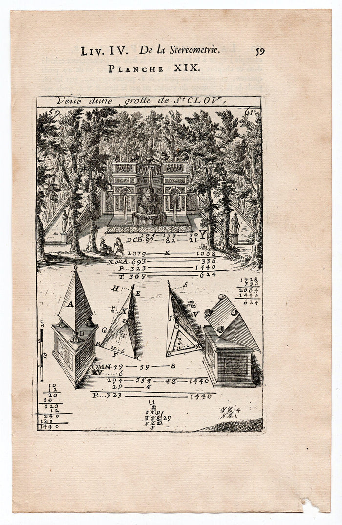 1702 Mallet Fountain, Veue dune Grotte, Chateau Saint Cloud, Paris Antique Print