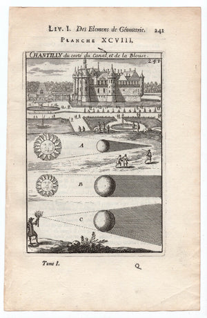 1702 Manesson Mallet, Chateau Chantilly du coste du Canal et de la Blouse, Oise France, Antique Print. Plate XCVIII