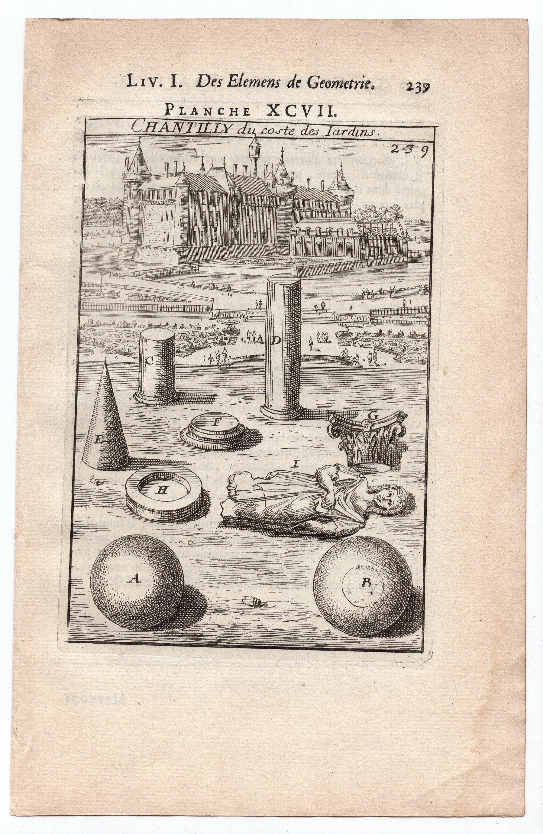 1702 Manesson Mallet, Chateau de Chantilly as seen from the Gardens, Oise France, Antique Print. Plate XCVII