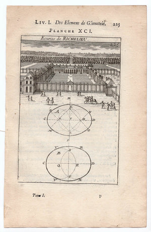 1702 Manesson Mallet, Ecuries de Richelieu, Horse Stables, Indre-et-Loire France, Antique Print. Plate XCI