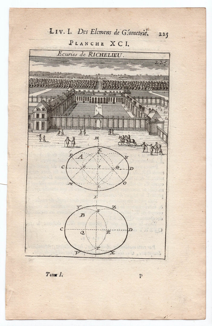 1702 Mallet, Ecuries de Chateau Richelieu, Horse Stables, France Antique Print
