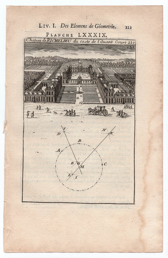 1702 Mallet, Front Court View of Chateau de Richelieu, France Antique Print