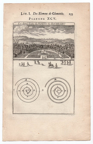 1702 Manesson Mallet, La demie lune du parterre de Richelieu, Indre-et-Loire France, Antique Print. Plate XCV
