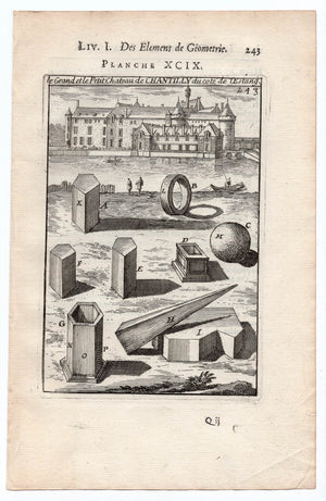 1702 Manesson Mallet, Le Grand et le Petit Chateau de Chantilly du cote de l'estang, Oise France, Antique Print. Plate XCIX