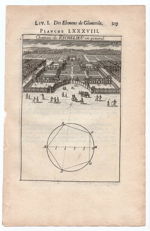 1702 Manesson Mallet, View of Chateau de Richelieu, Indre-et-Loire France, Antique Print. Plate LXXXVIII