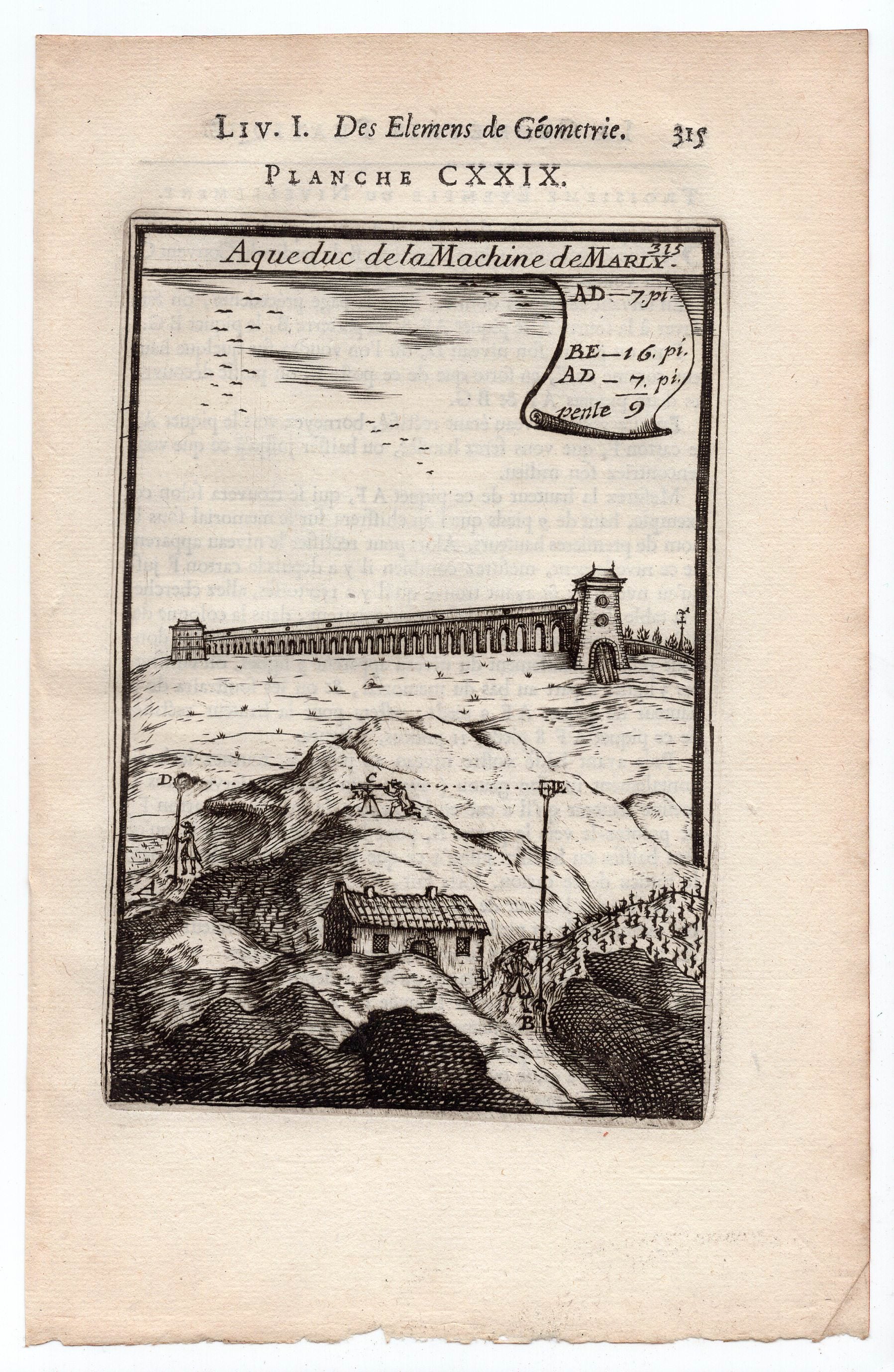 1702 Manesson Mallet, Aqueduc de Louveciennes, Marly Aqueduc. Paris, Antique Print. Plate CXXIX