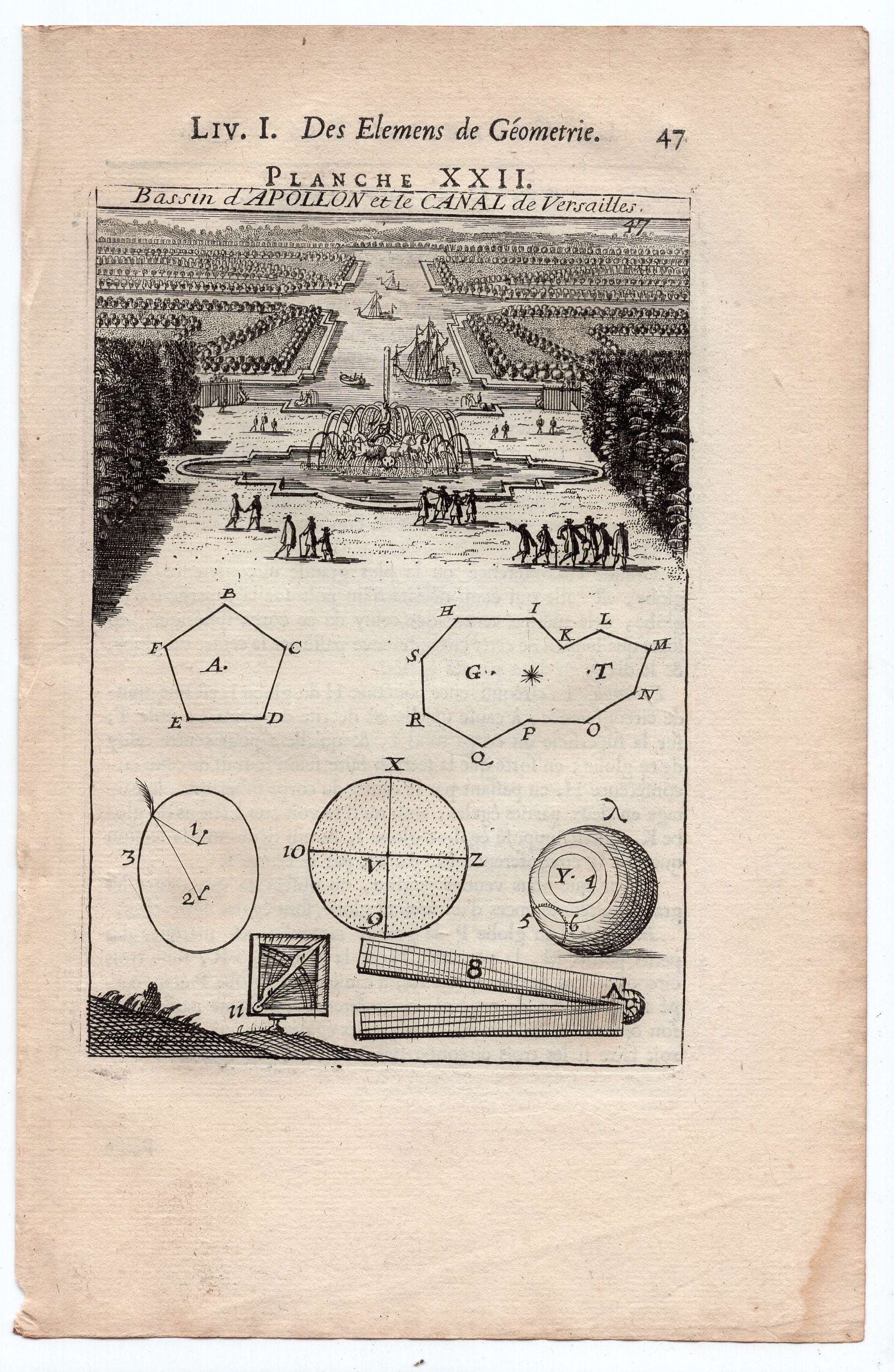 1702 Manesson Mallet, Bassin d'Apollon et le Canal de Versailles, Apollo Fountain, Versailles Paris, Antique Print. Plate XXII