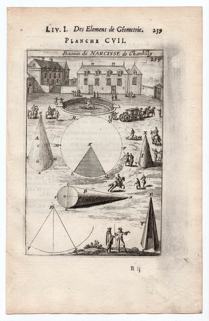 1702 Manesson Mallet, Bassin de Narcisse de Chateau Chantilly, Oise France, Antique Print