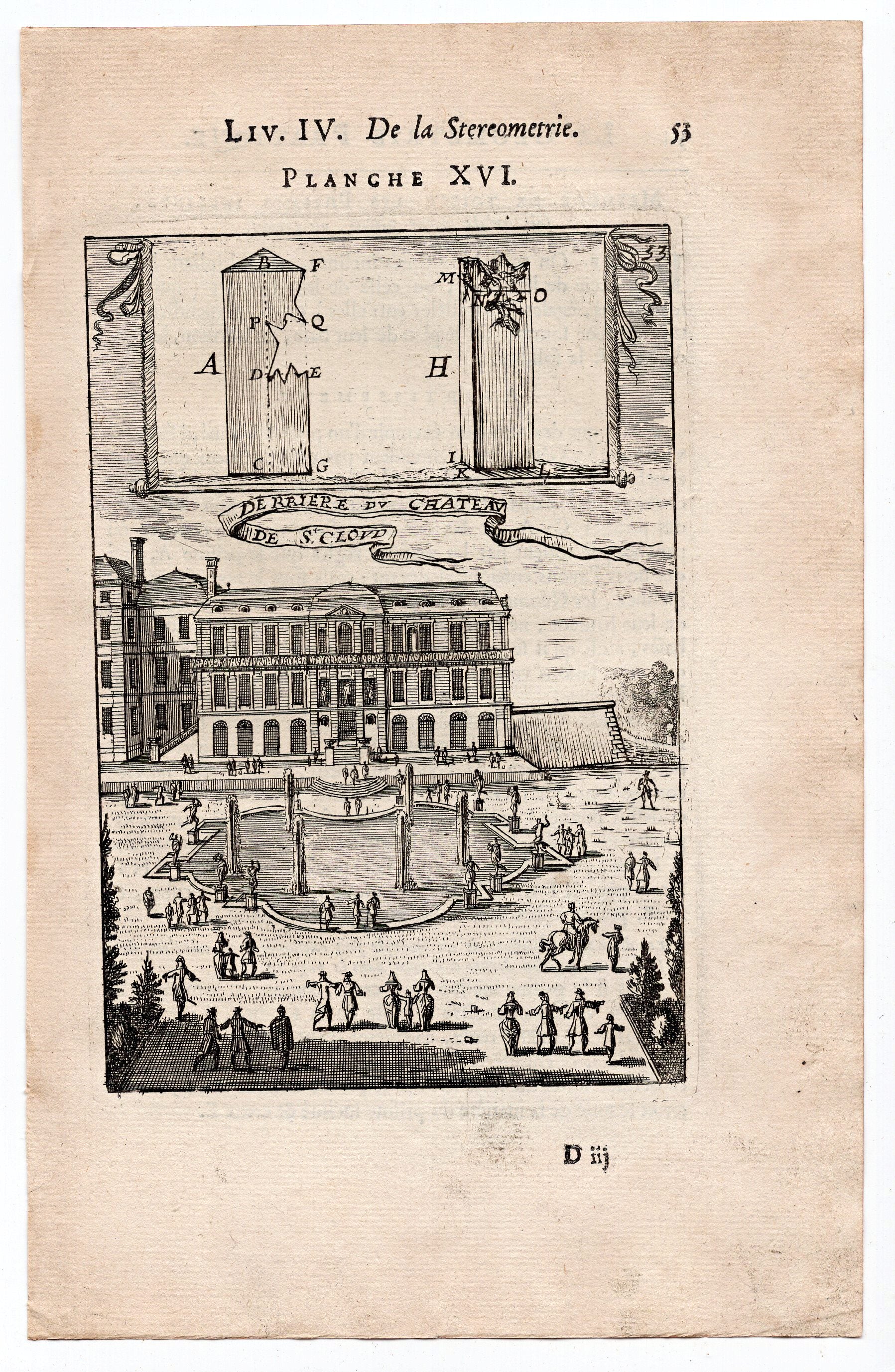 1702 Manesson Mallet, Chateau Saint-Cloud Back View, Paris, France, Antique Print. Plate XVI