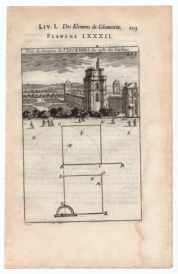 1702 Manesson Mallet, Chateau de Vincennes Dungeon Seen from Garden, Paris Antique Print