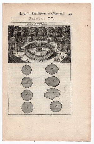 1702 Manesson Mallet, Fontaine des Bains d'Apollon, Fountain of Apollo, Versailles Paris, Antique Print. Plate XX