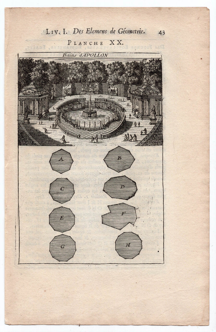 1702 Manesson Mallet, Fontaine des Bains d'Apollon, Fountain of Apollo, Versailles, Antique Print