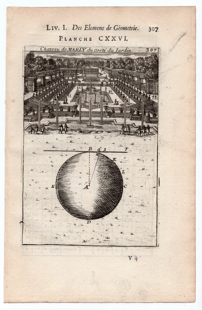 1702 Manesson Mallet, Garden View Chateau Marly, Paris, Antique Print