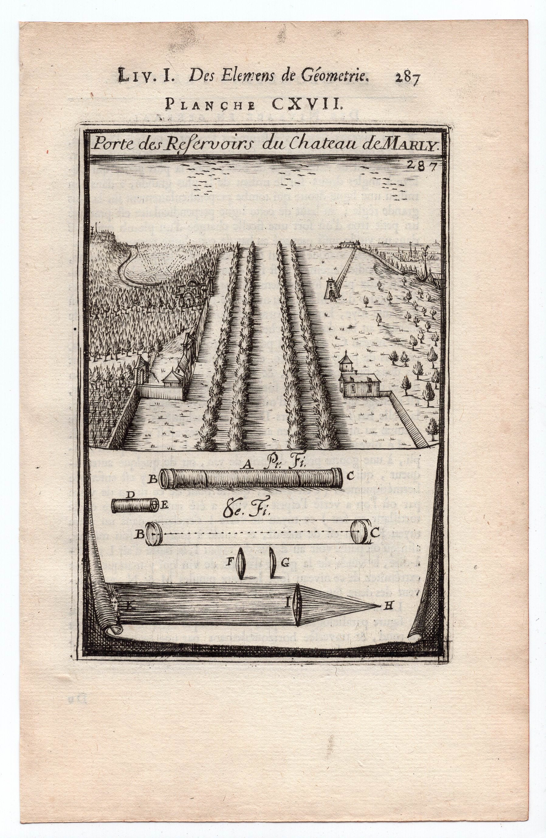 1702 Manesson Mallet, Gate of the Reservoirs of Chateau Marly. Antique Print. Plate CXVII