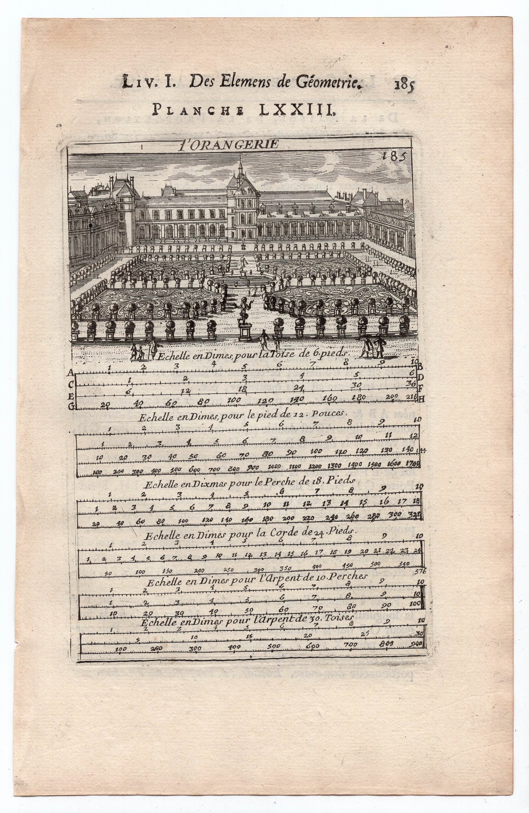 1702 Manesson Mallet, L'Orangerie du Chateau de Fontainebleau, Palace, France, Antique Print. Plate LXXIII