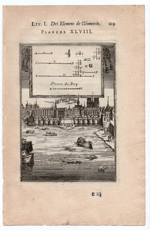 1702 Manesson Mallet, Le Pont Neuf, River Seine, Paris, France. Antique Print, Plate XLVIII