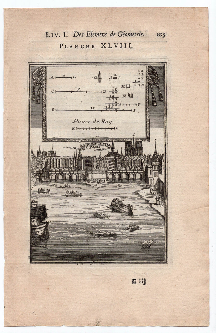 1702 Manesson Mallet, Le Pont Neuf, River Seine, Paris, France, Antique Print