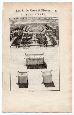 1702 Manesson Mallet, L'Orangerie, la grande pièce d'eau, et le mail, Orangery of Versailles Paris, Antique Print. Plate XXXIV