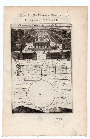 1702 Manesson Mallet, Park View of Chateau Marly. Paris, Antique Print. Plate CXXVII