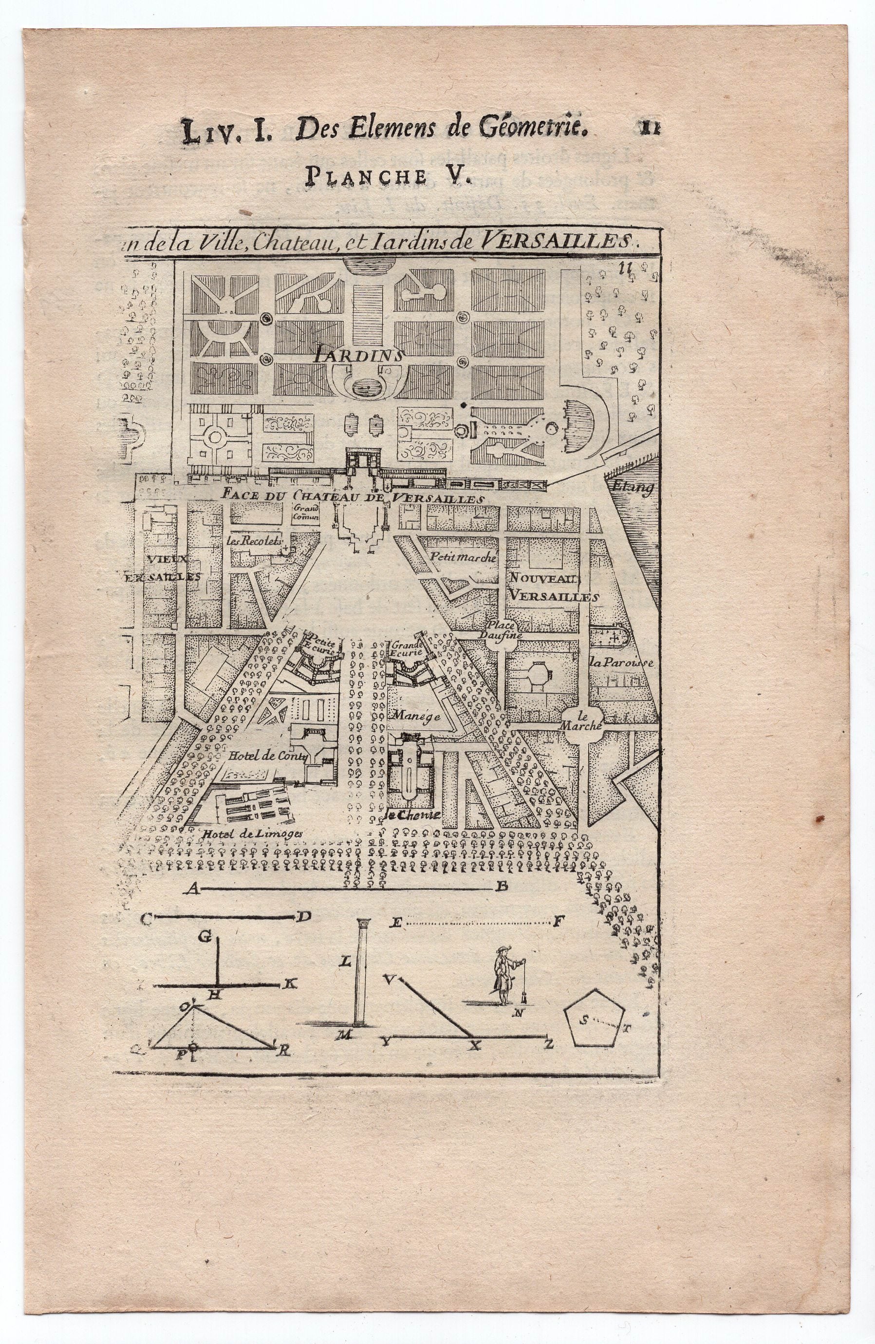 1702 Manesson Mallet, Plan Map Palace of Versailles Gardens Antique Print