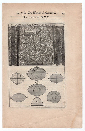 1702 Manesson Mallet, Plan du Labyrinte, Labyrinth, Maze Map, Versailles Paris, Antique Print. Plate XXX