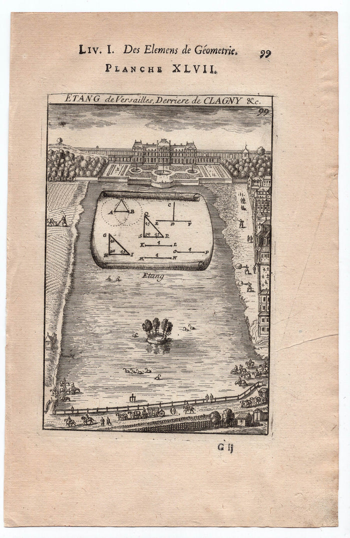 1702 Manesson Mallet, Pond of Versailles behind Chateau de Clagny, Antique Print