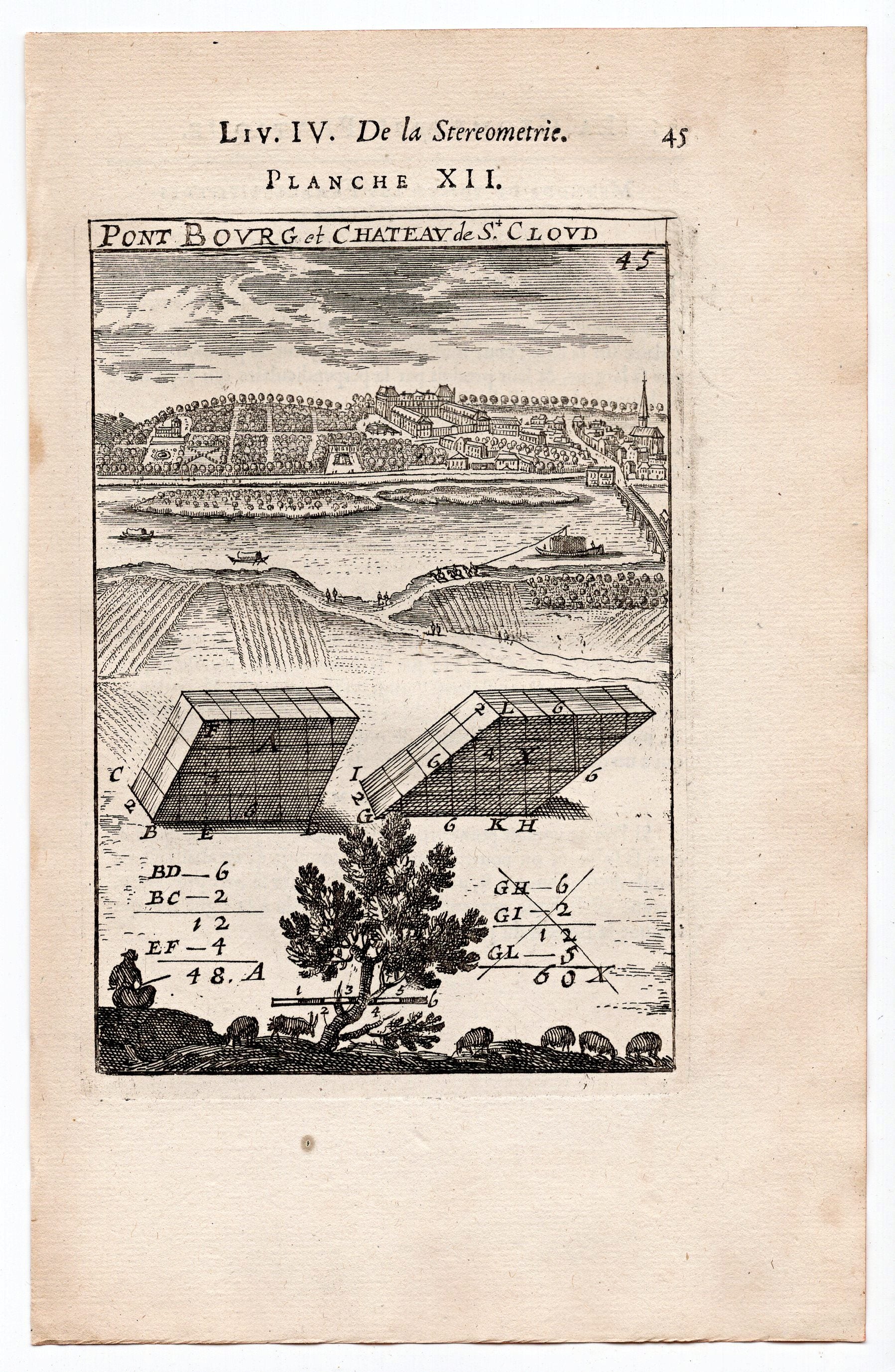 1702 Manesson Mallet, Pont Bourg et Chateau de St Cloud, Paris, France, Antique Print. Plate XII