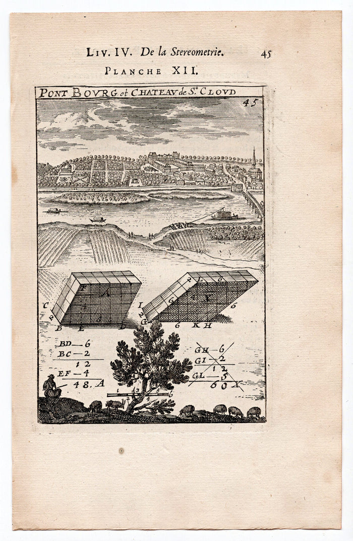 1702 Manesson Mallet, Pont Bourg et Chateau de St Cloud, Paris, Antique Print