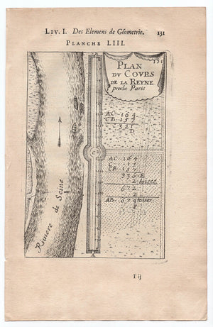 1702 Manesson Mallet, River Seine Plan, Map, Paris France, Antique Print. Plate LIII