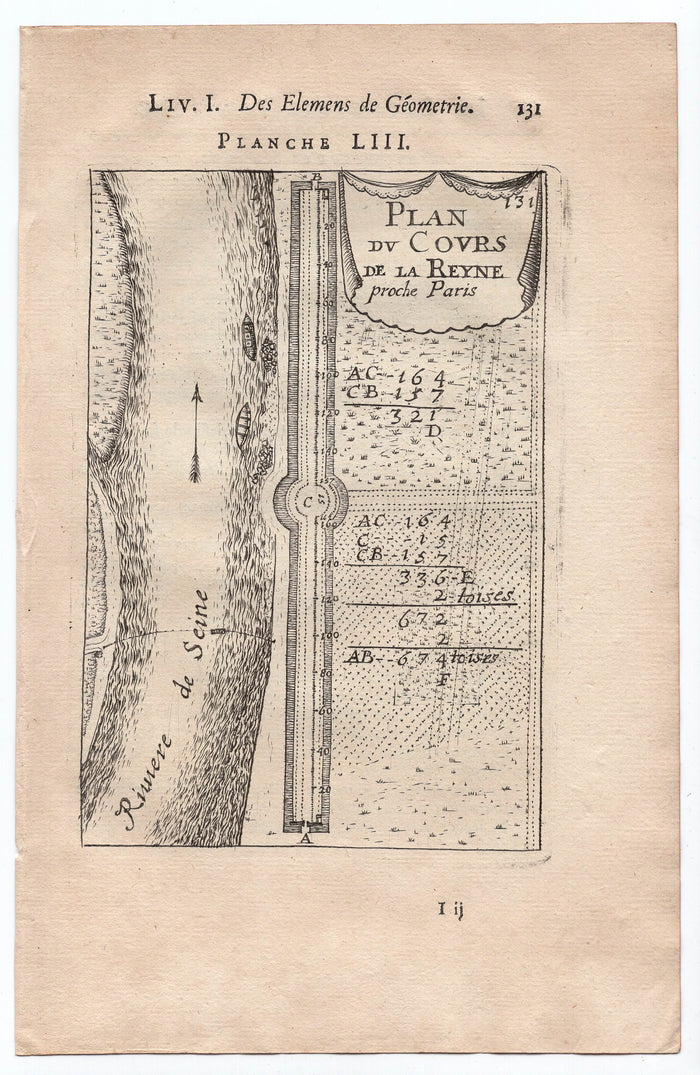 1702 Manesson Mallet, River Seine Plan, Map, Paris, Antique Print