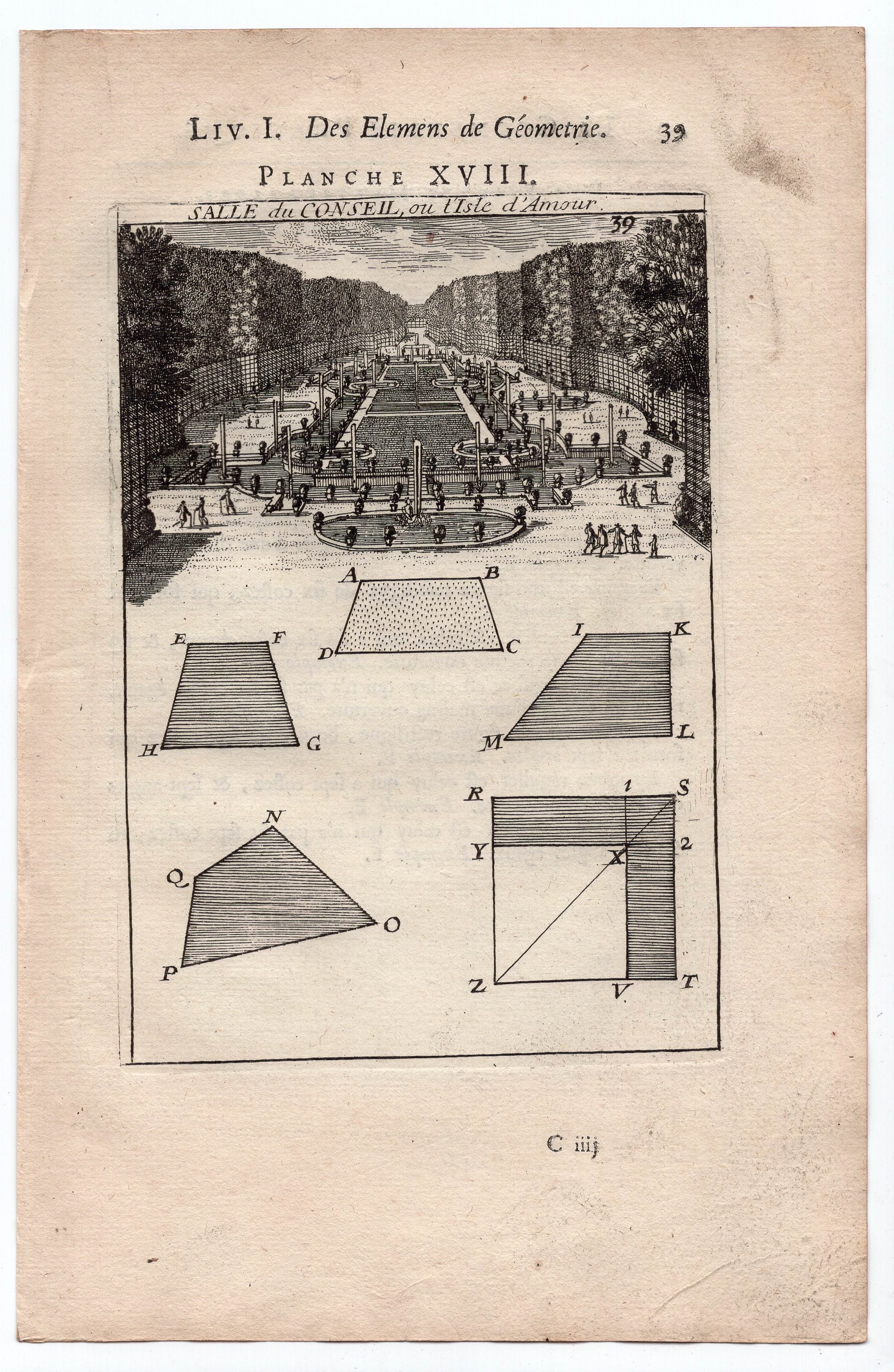 1702 Manesson Mallet, Salle du Conseil ou l'Isle d'Amour, Fountain Paris, Antique Print. Plate XVIII