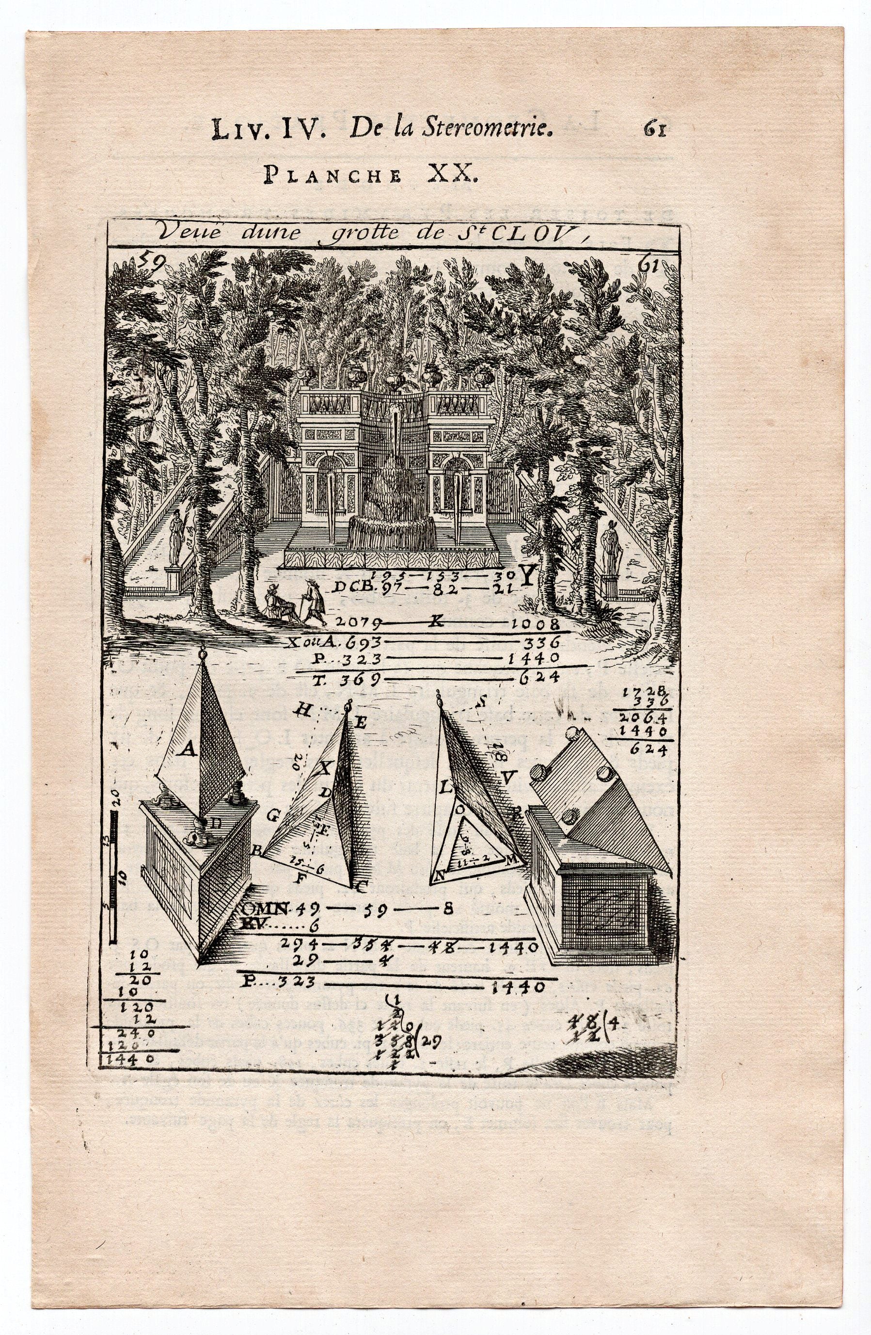 1702 Manesson Mallet, Fountain view Chateau Saint Cloud, Paris, France, Antique Print. Plate XX