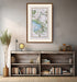 Framed antique Ireland road map of Antrim, Randalstown, Kells, Connor and Grange displayed in a modern interior.