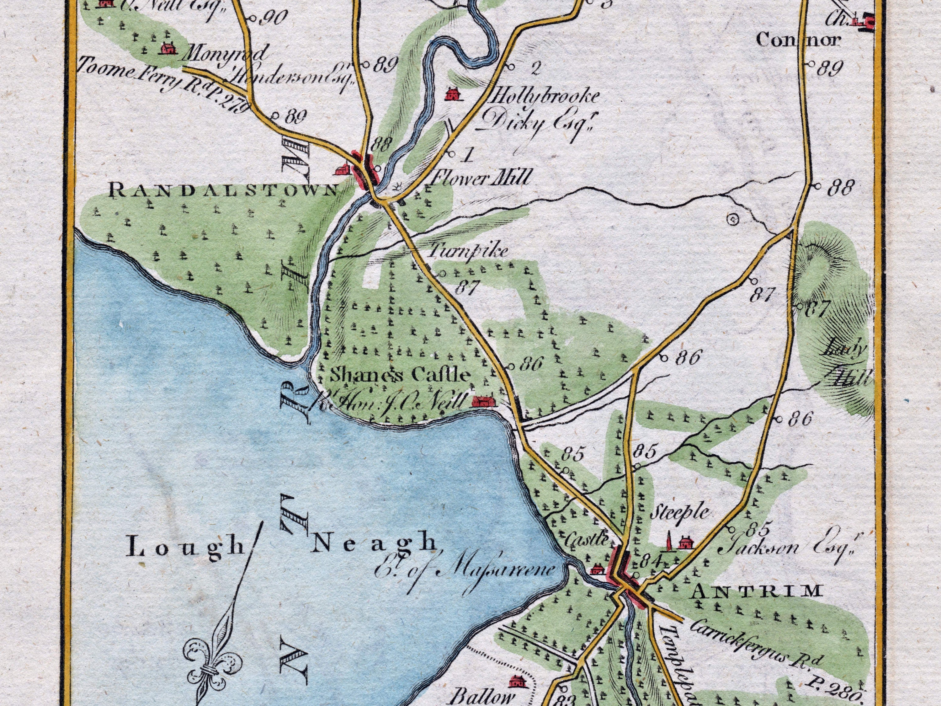 Close-up of the 1783 Taylor & Skinner Ireland road map showing Lough Neagh, Antrim, Killead and nearby roads and estates.
