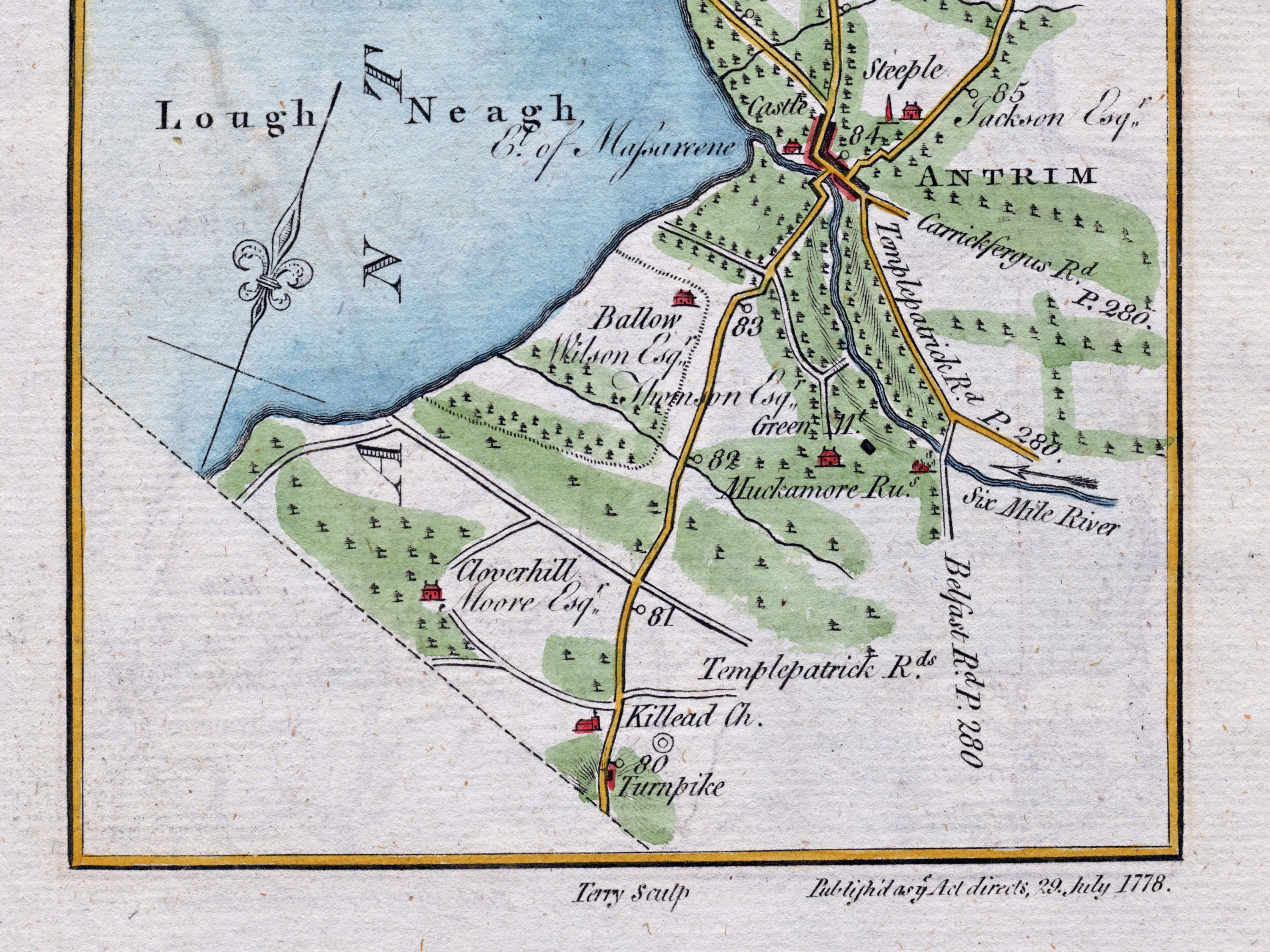 Close-up of the 1783 Taylor & Skinner Ireland road map showing Lough Neagh, Antrim, Killead and nearby roads and estates.
