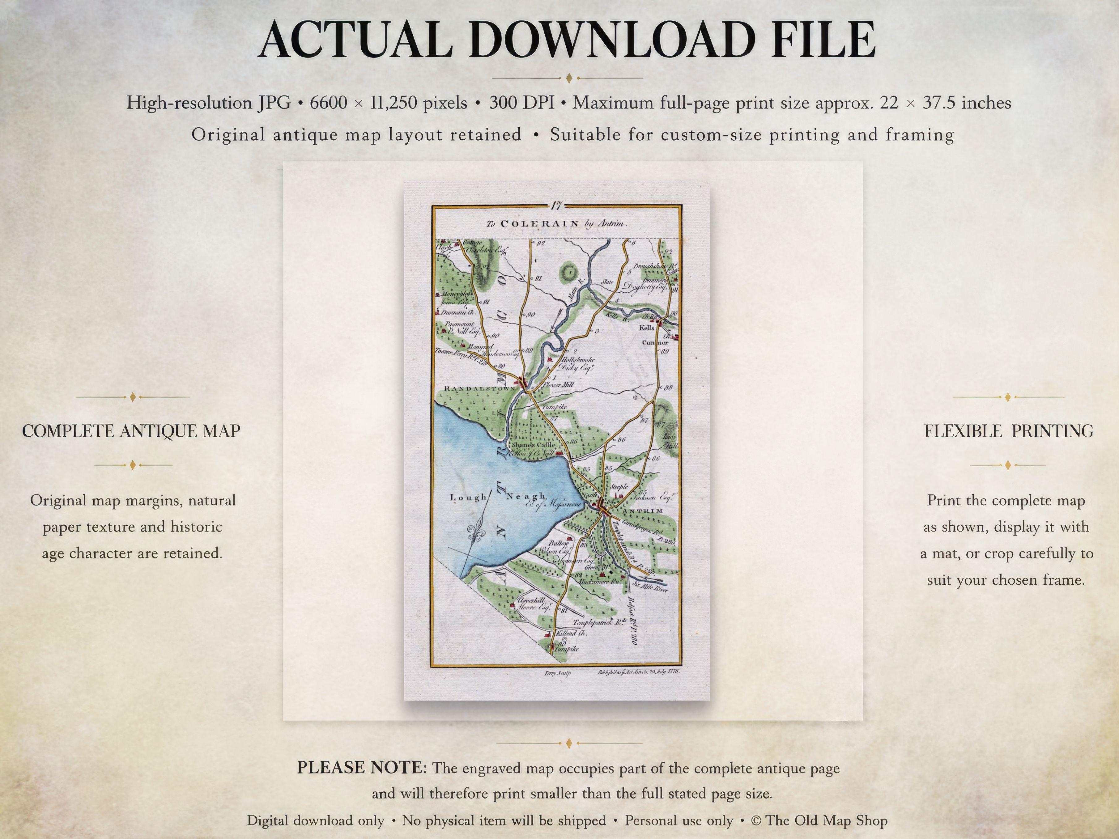 Digital download guide for the 1783 Antrim, Randalstown, Kells, Connor and Grange Ireland road map showing JPG dimensions and printing information.