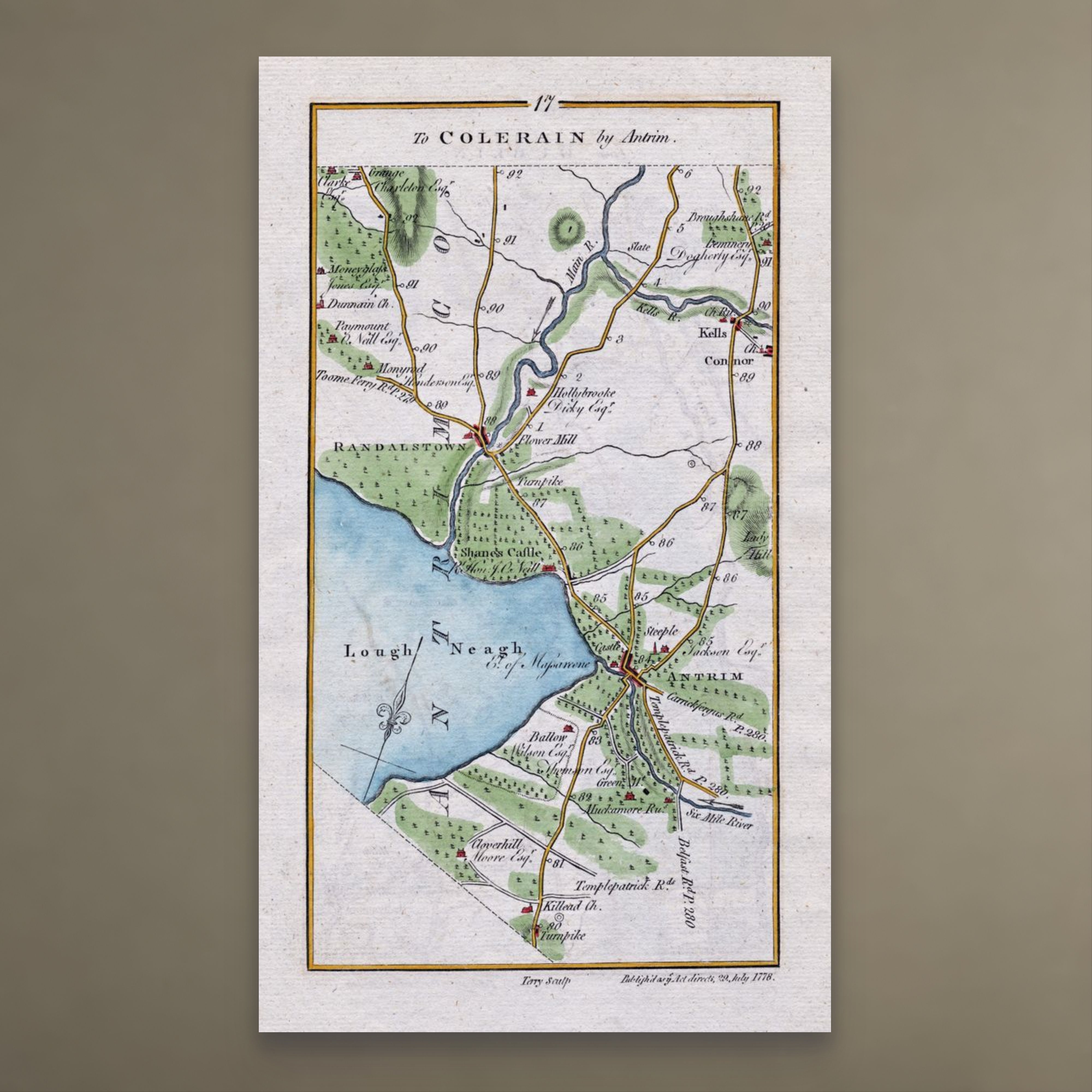 Complete 1783 Taylor & Skinner Antrim, Randalstown, Kells, Connor and Grange Ireland road map displayed against a plain neutral wall.