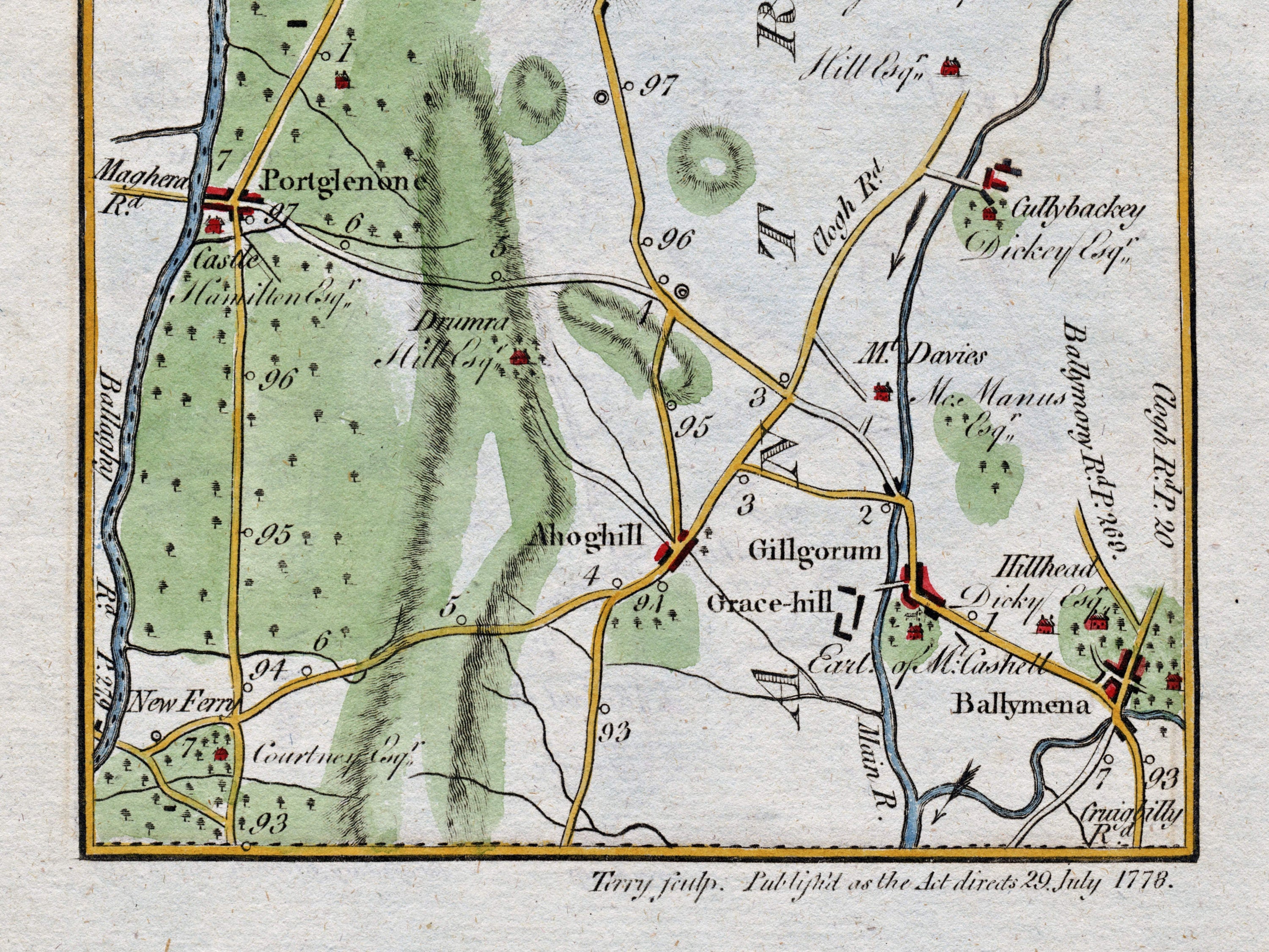 Close-up of the 1783 Taylor & Skinner Ireland road map showing Ballymena, Gracehill, Galgorm and nearby roads, rivers and estates.