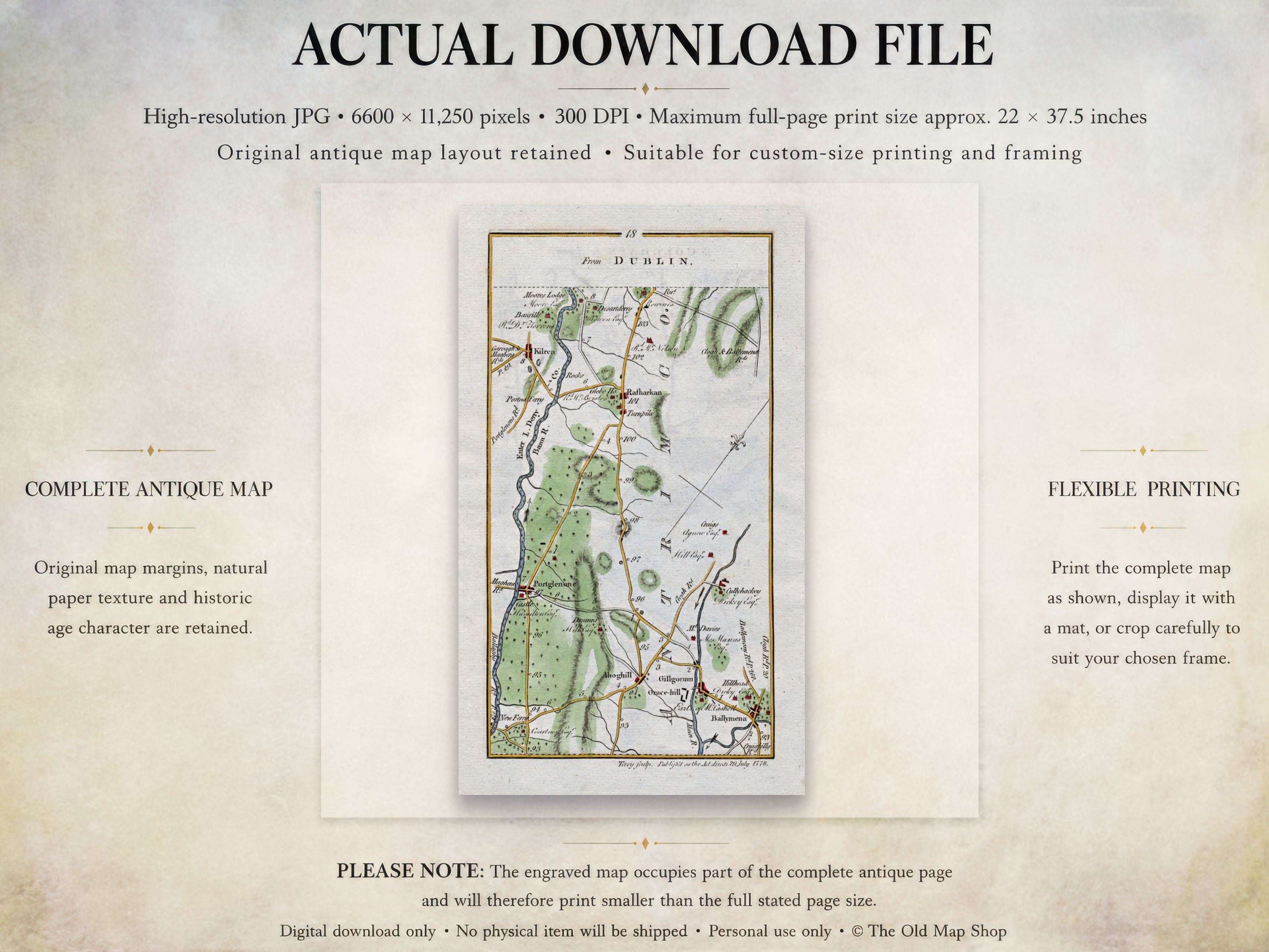 Digital download guide for the 1783 Ballymena, Portglenone, Kilrea and Cullybackey Ireland road map showing JPG dimensions and printing information.