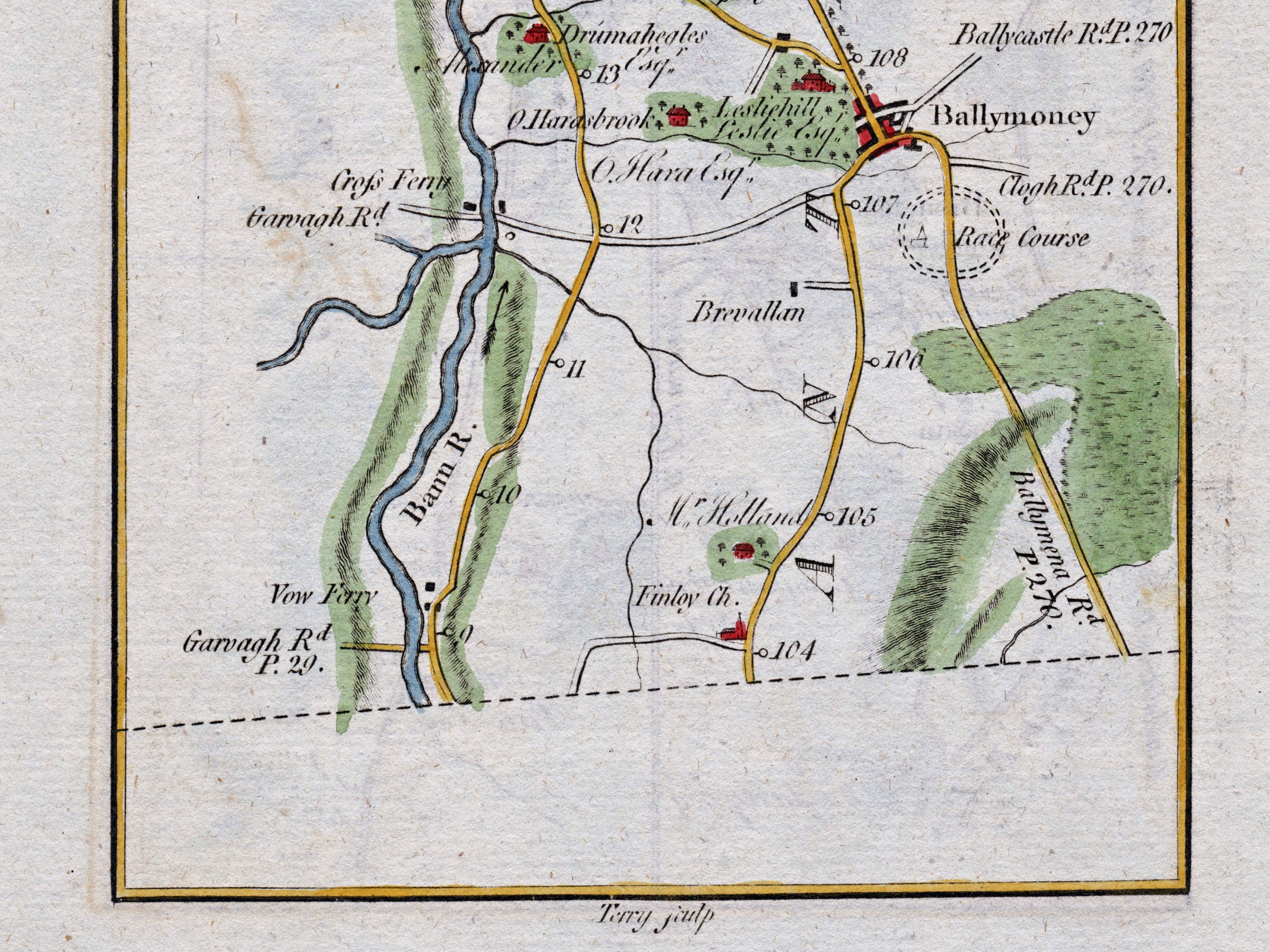 Close-up of the 1783 Taylor & Skinner Ireland road map showing Ballymoney, Finvoy, Brewillan and the River Bann.