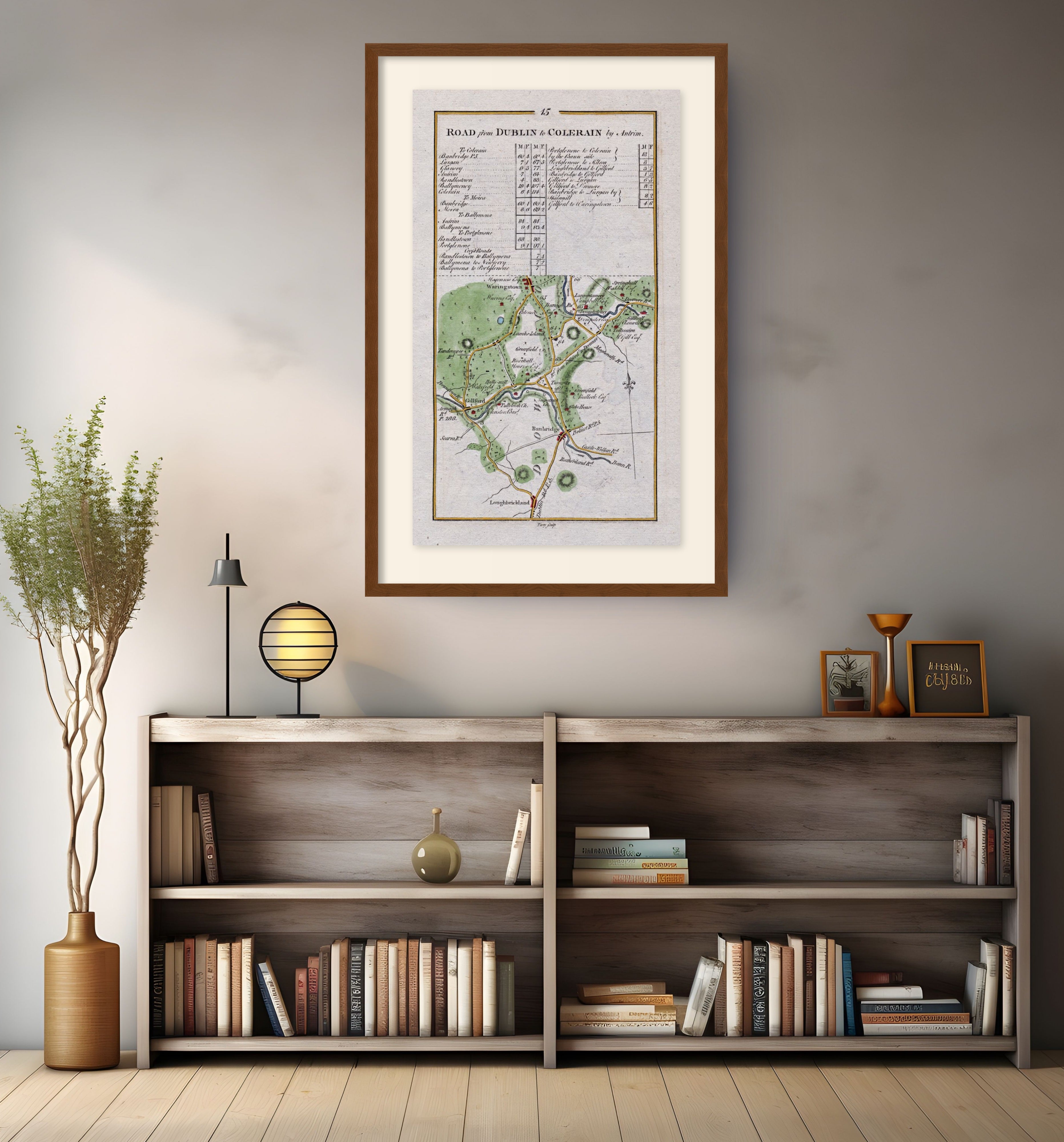 Framed antique Ireland road map of Banbridge, Gilford, Waringstown and Loughbrickland displayed in a modern interior.