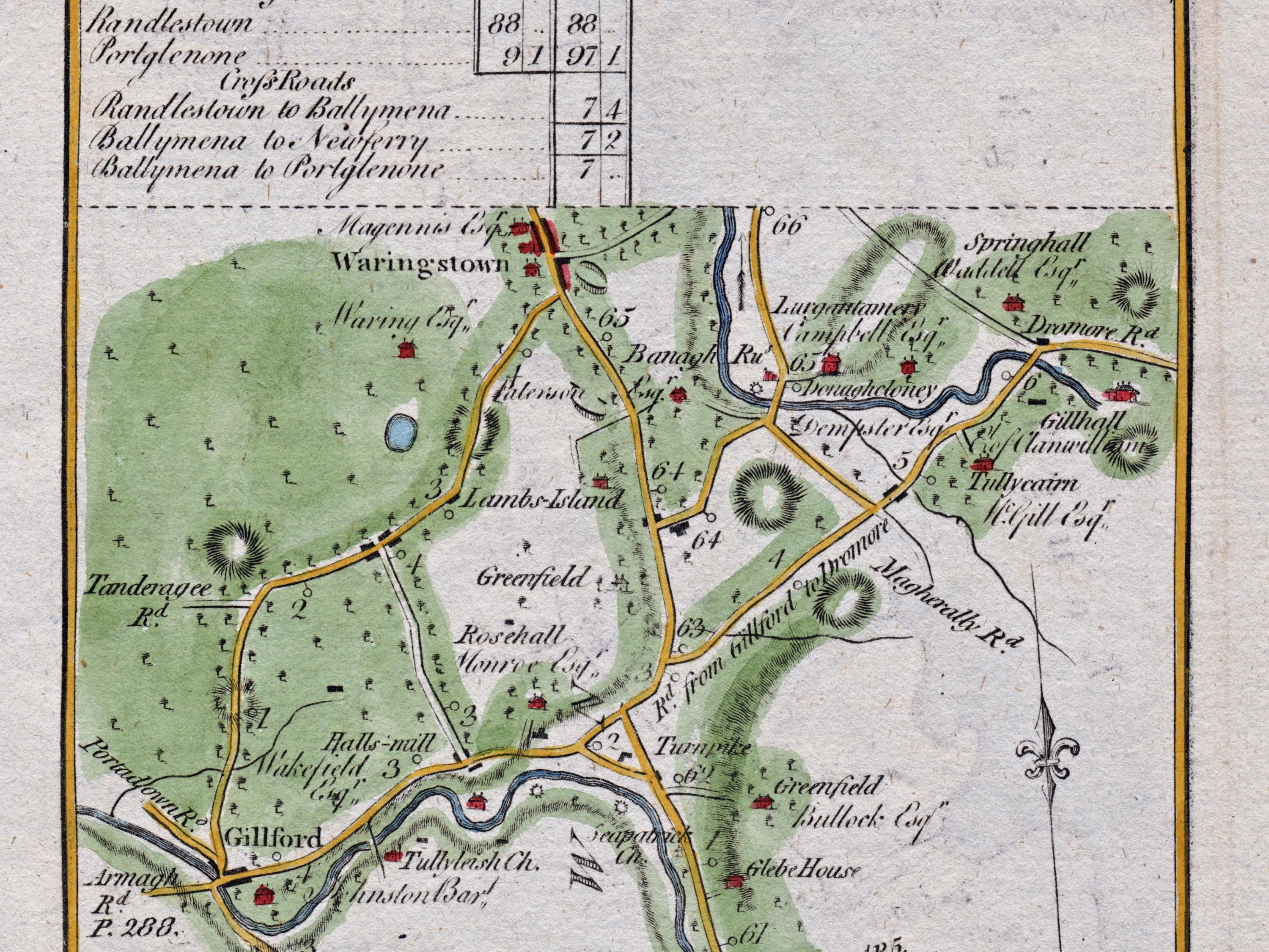 Close-up of the 1783 Taylor & Skinner Ireland road map showing Waringstown, Donaghcloney, Gilford and surrounding estates and roads.