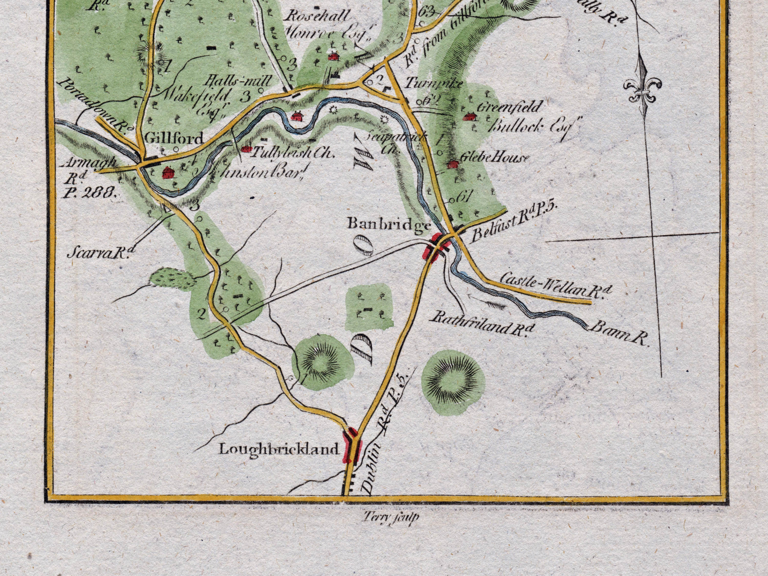 Close-up of the 1783 Taylor & Skinner Ireland road map showing Gilford, Banbridge, Loughbrickland and connecting roads across County Down.