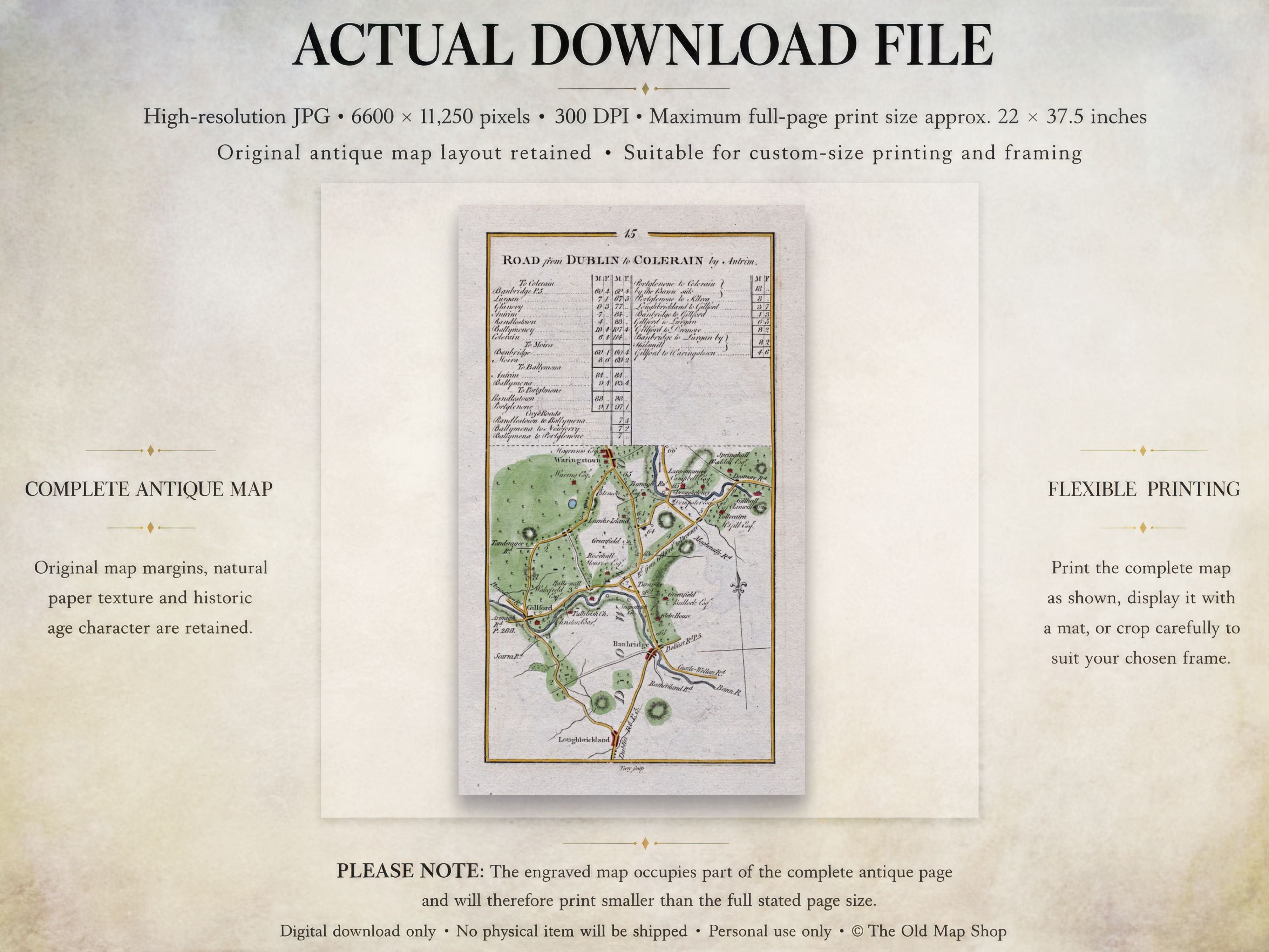Digital download guide for the 1783 Banbridge, Gilford, Waringstown and Loughbrickland Ireland road map showing JPG dimensions and printing information.
