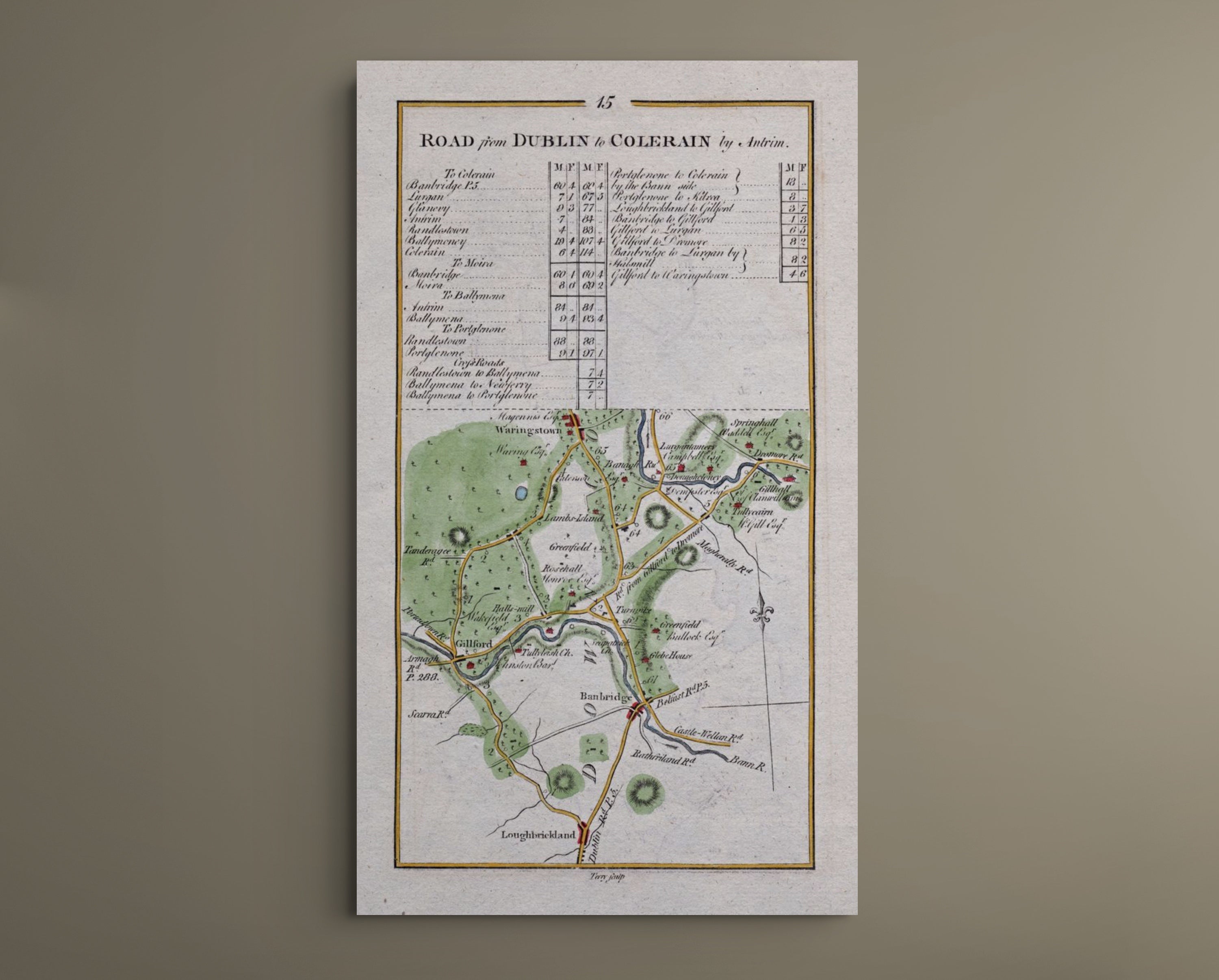 Complete 1783 Taylor & Skinner Banbridge, Gilford, Waringstown and Loughbrickland Ireland road map displayed against a plain neutral wall.