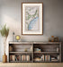 Framed antique Ireland road map of Belfast, Carrickfergus, Ballynure, Whiteabbey and Ballycarry displayed in a modern interior.