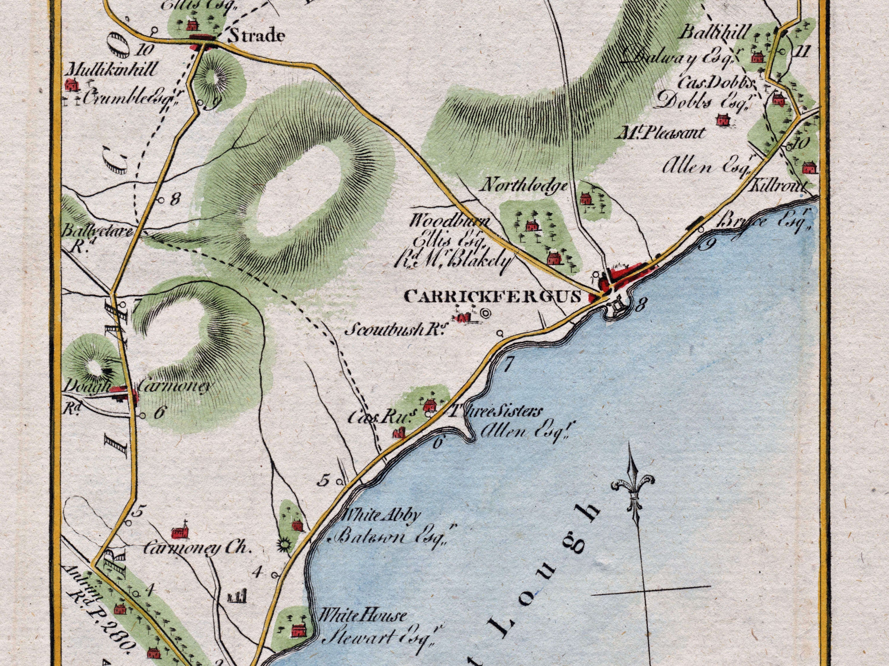 Close-up of the 1783 Taylor & Skinner Ireland road map showing Carrickfergus, the Liberty of Carrickfergus and nearby estates.