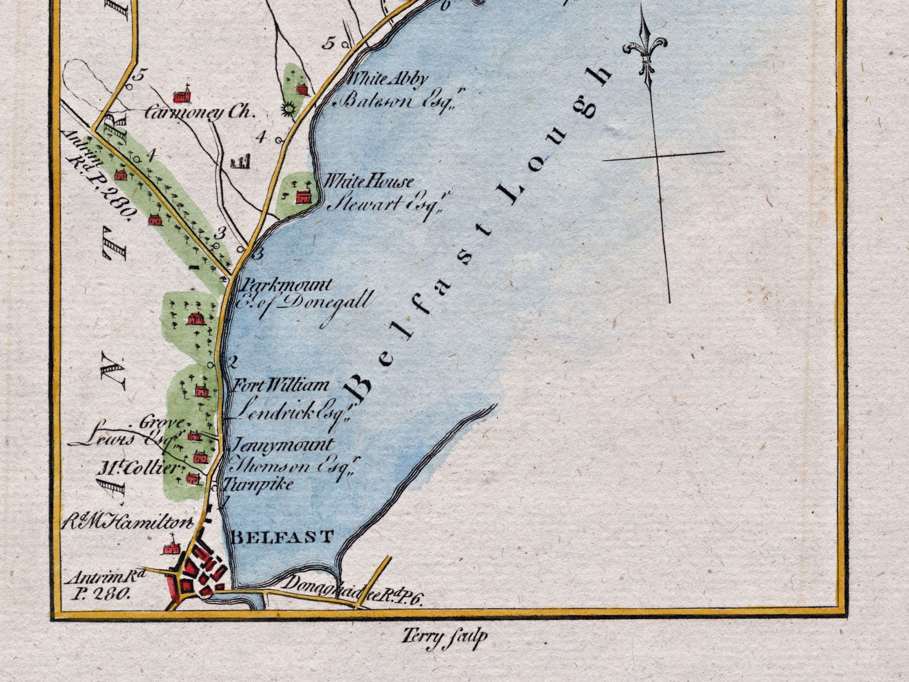 Close-up of the 1783 Taylor & Skinner Ireland road map showing Belfast, Whiteabbey, Belfast Lough and the coastal road towards Carrickfergus.