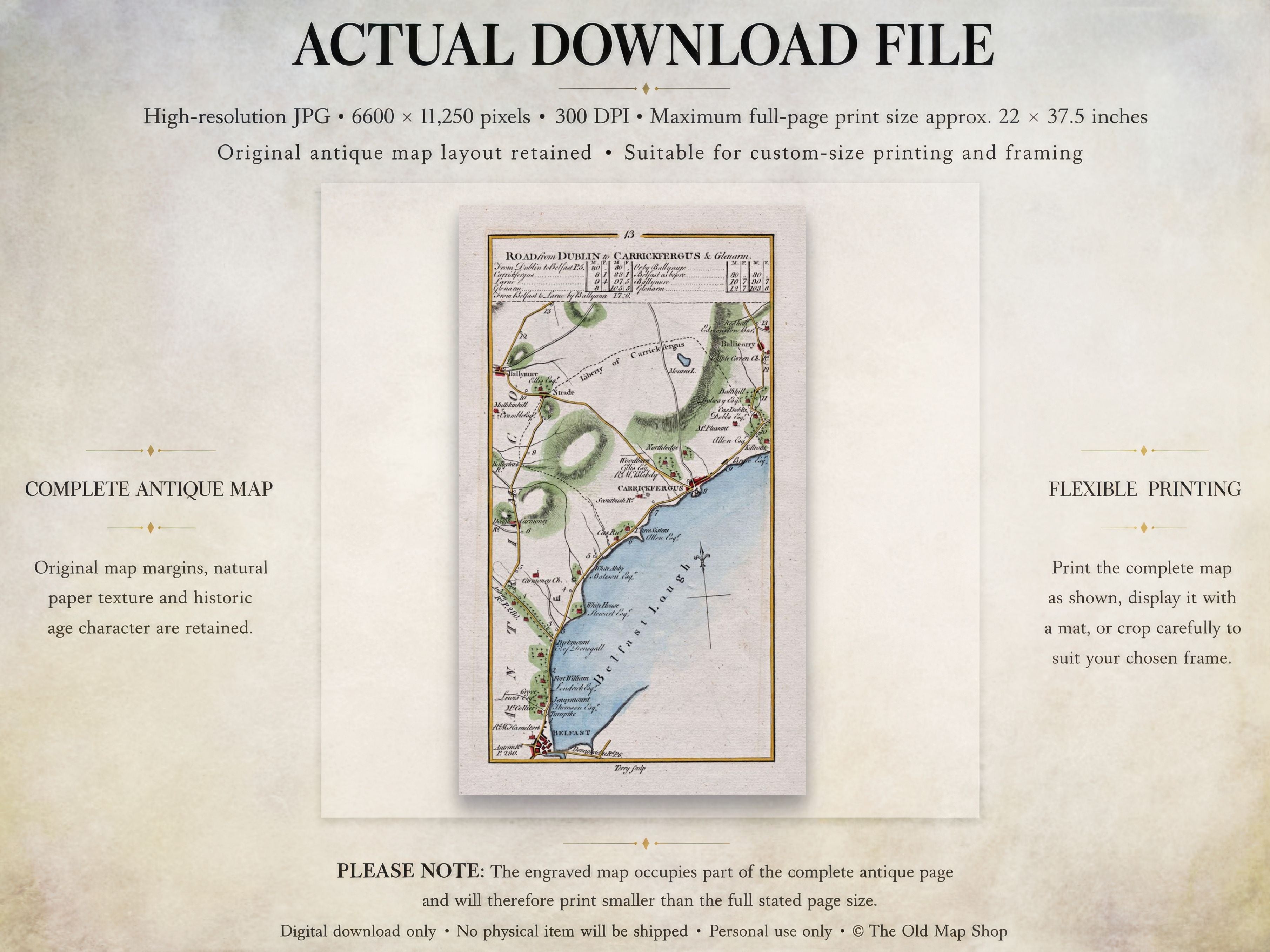 Digital download guide for the 1783 Belfast, Carrickfergus, Ballynure, Whiteabbey and Ballycarry Ireland road map showing JPG dimensions and printing information.