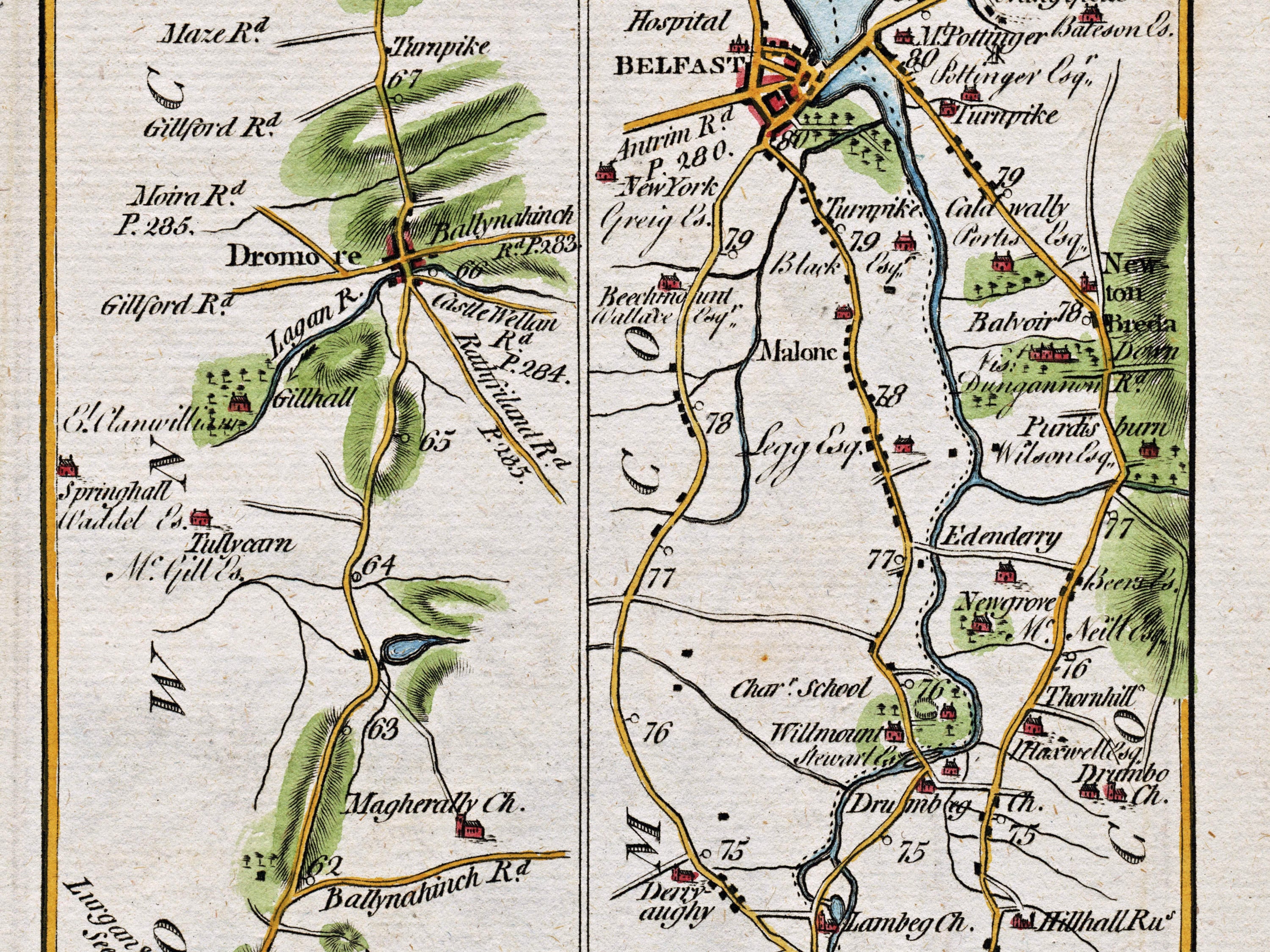 Close-up of Dromore, Lambeg, Malone, Edenderry and the historic road towards Belfast on the 1783 Taylor & Skinner map.